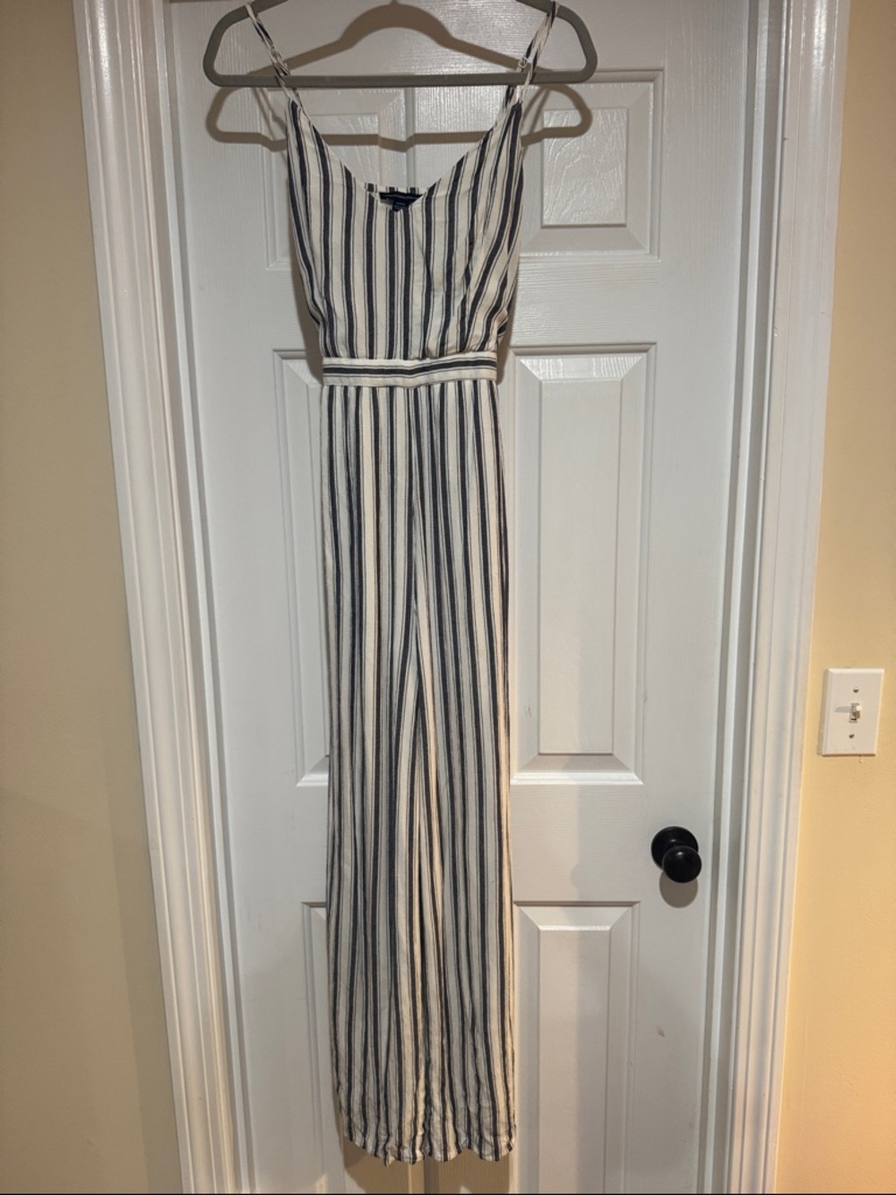 American Eagle Outfitters Navy and White Striped V-Neck Jumpsuit